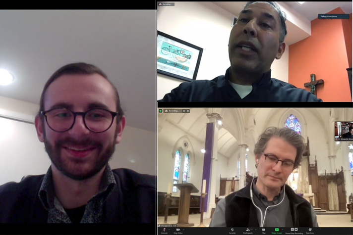 Sean Ajluni, CSB, a Basilian scholastic; Father Morgan Rice, pastor at St. Basil's Church; and Father Kevin Storey, CSB, superior general of the Congregation, present at the Basilian Fathers' virtual vocation retreat